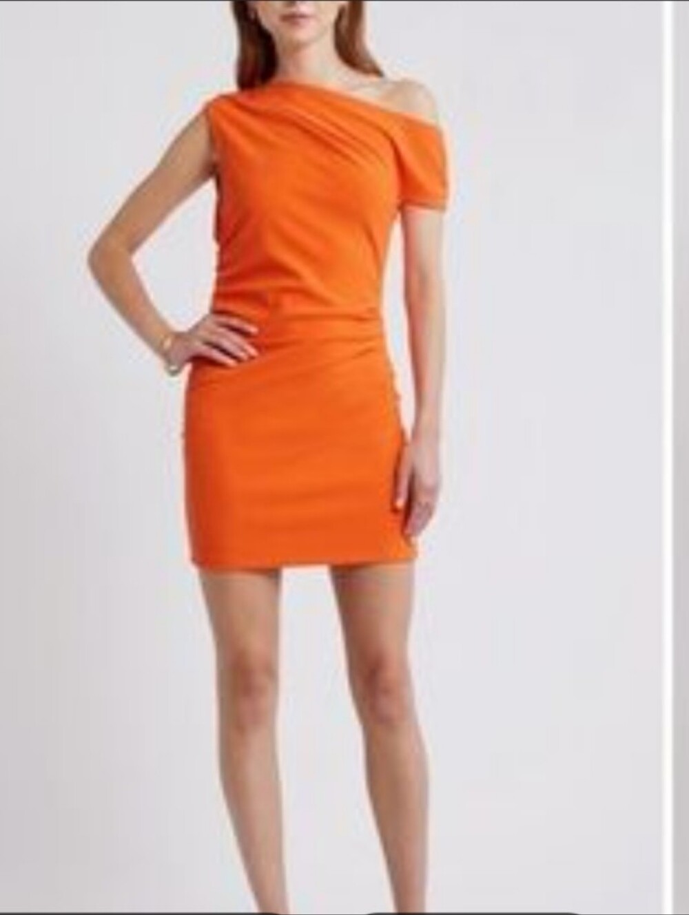 NWT Open Edit Orange One Shoulder Ruched Stretch Knit Bodycon Mini Dress Sz S